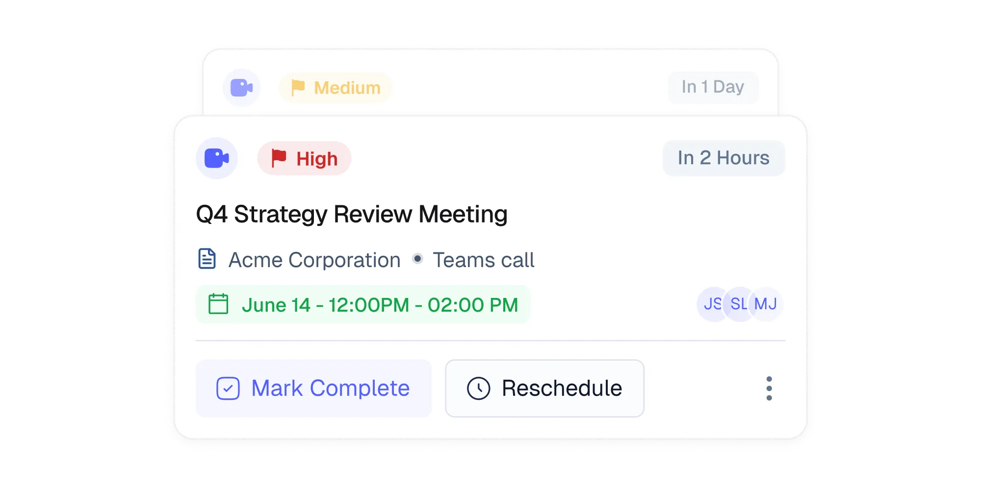 Meeting card with priority, date, and actions.